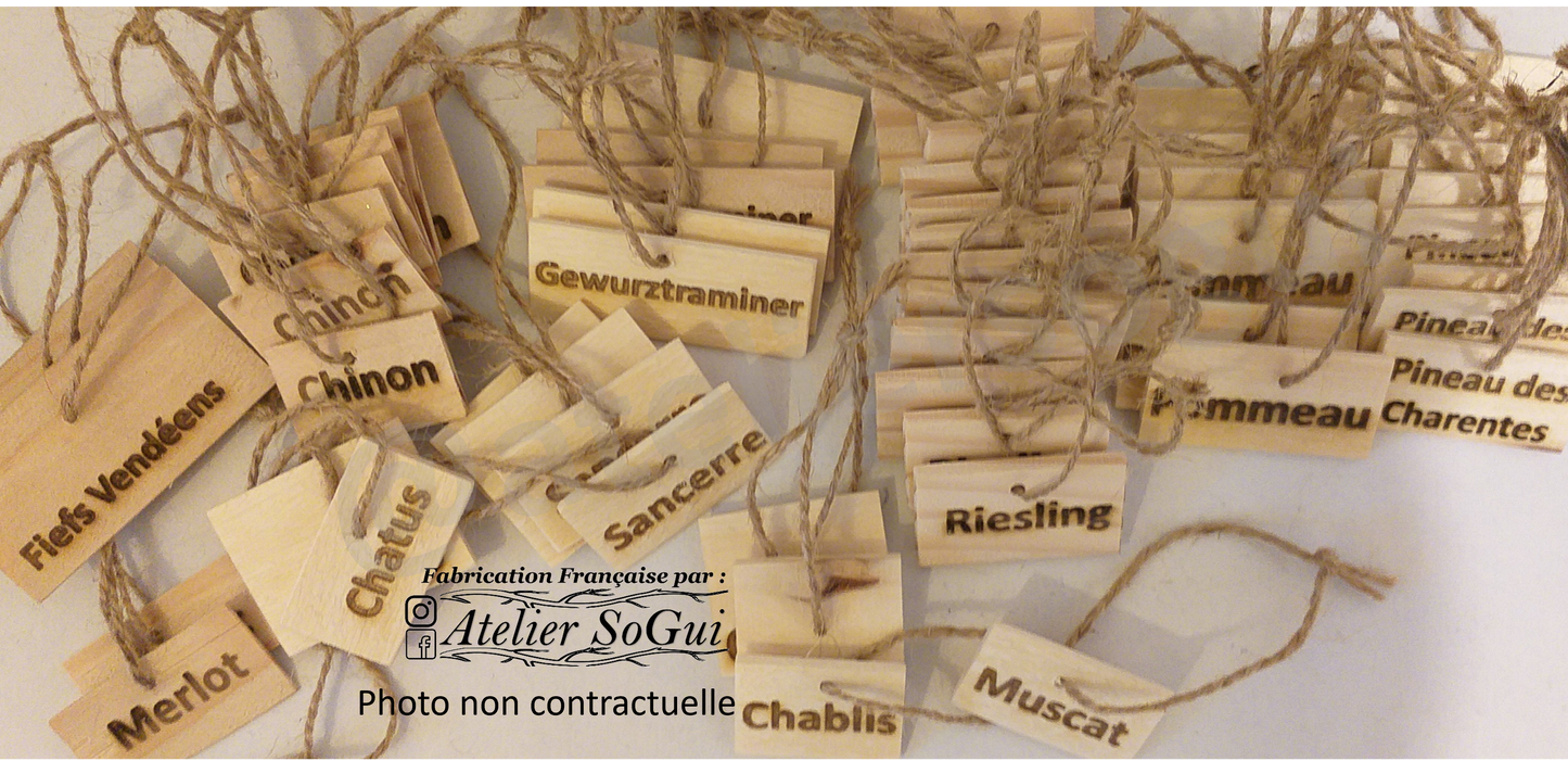 Etiquette pour bouteilles, en bois massif
