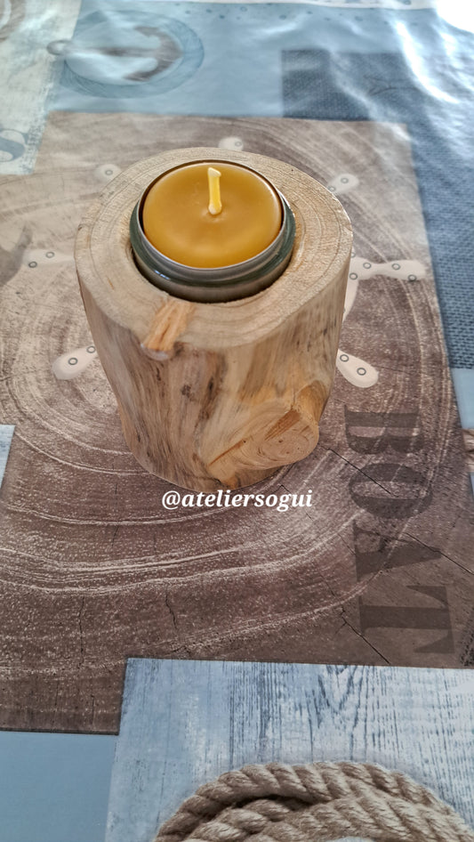 Bougeoir rondin en bois massif, avec support en verre et bougie à la cire d'abeille