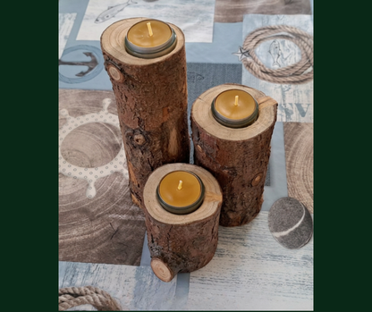 Bougeoir rondin en bois massif, avec support en verre et bougie à la cire d'abeille