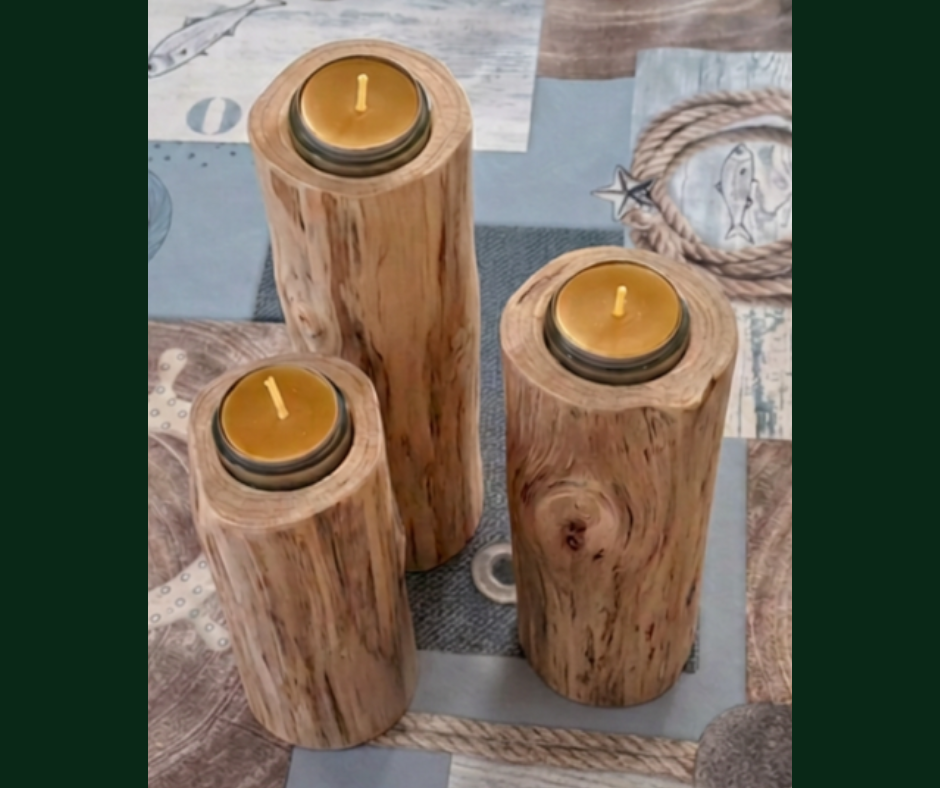Bougeoir rondin en bois massif, avec support en verre et bougie à la cire d'abeille