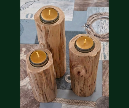 Bougeoir rondin en bois massif, avec support en verre et bougie à la cire d'abeille